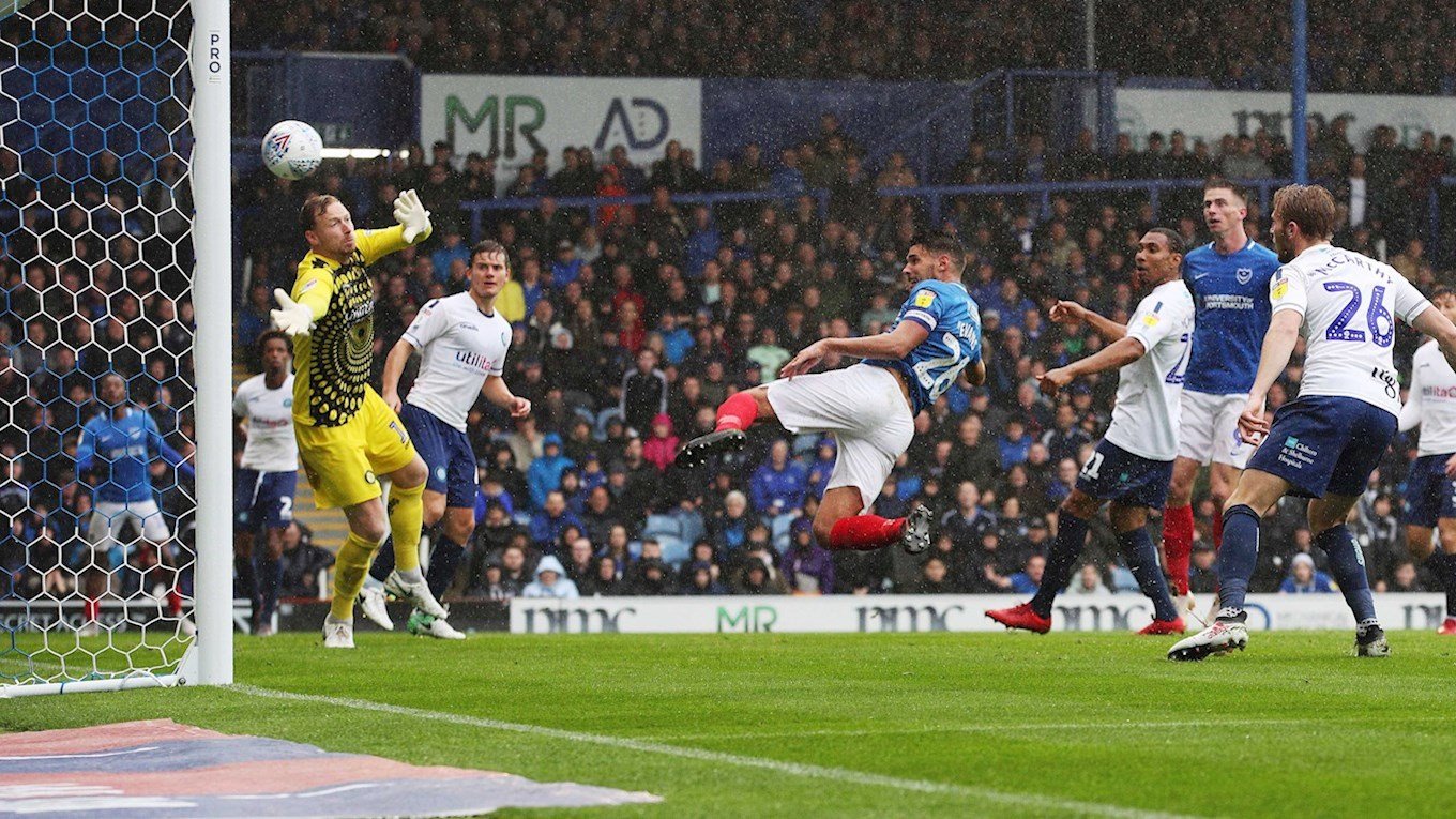 Gareth Evans scores for Pompey against Wycombe at Fratton Park