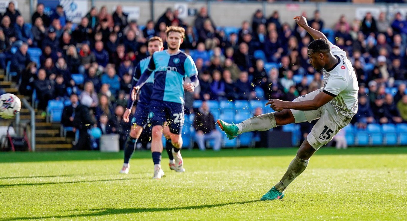 Christian Saydee scores for Pompey at Wycombe Wanderers