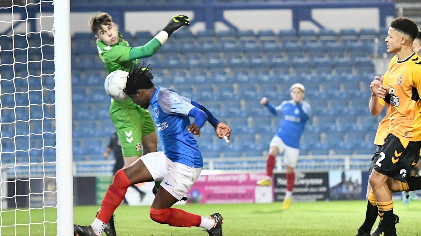 Koby Mottoh scores for Pompey against Cambridge United in FA Youth Cup at Fratton Park