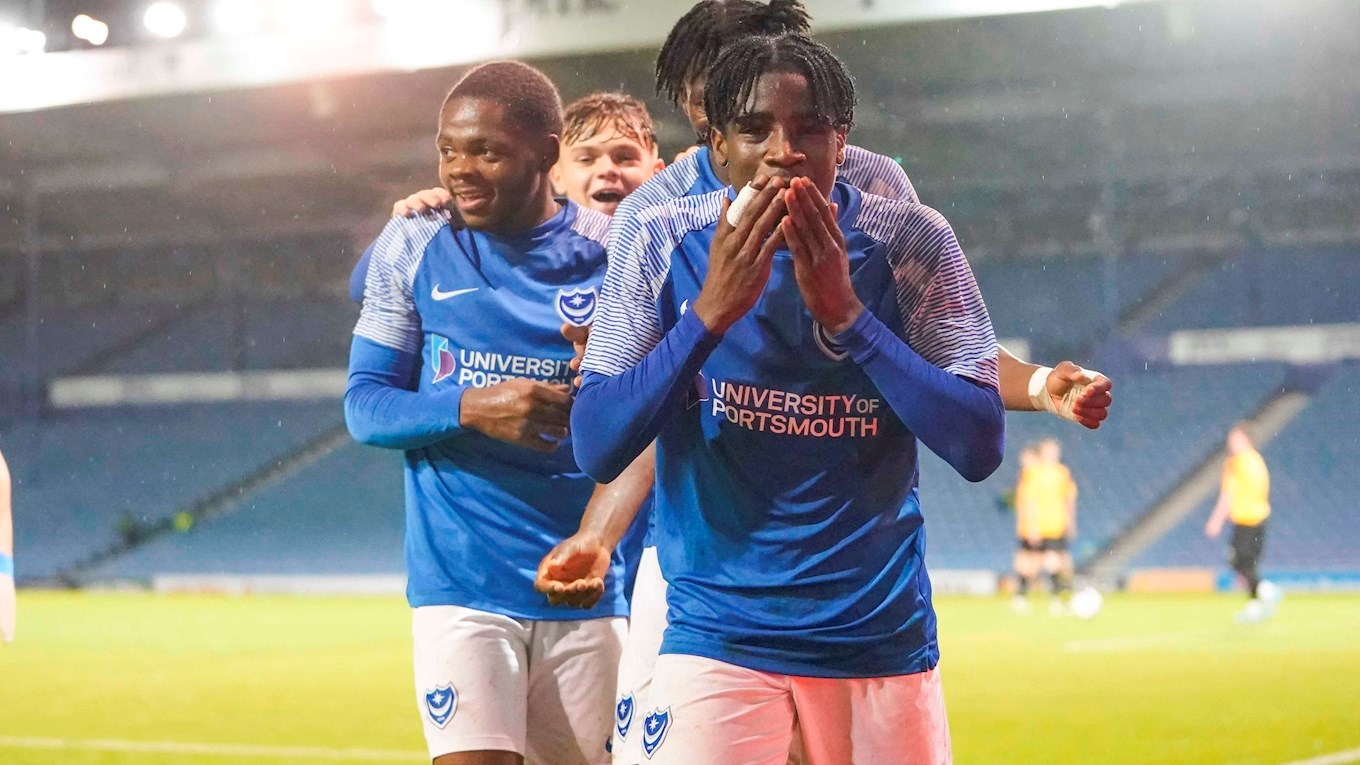 Pompey Academy celebrate scoring against Three Bridges in the FA Youth Cup at Fratton Park