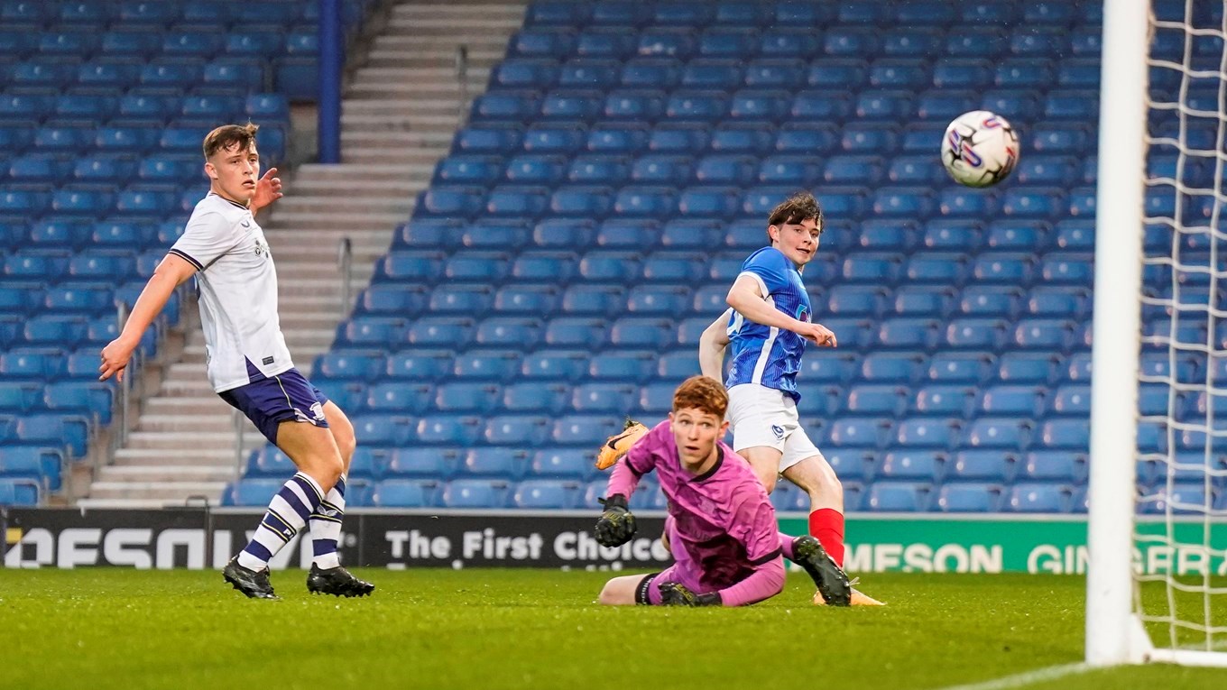 Harry Clout scores for Pompey Academy against Preston North End in Youth Alliance Cup final at Fratton Park