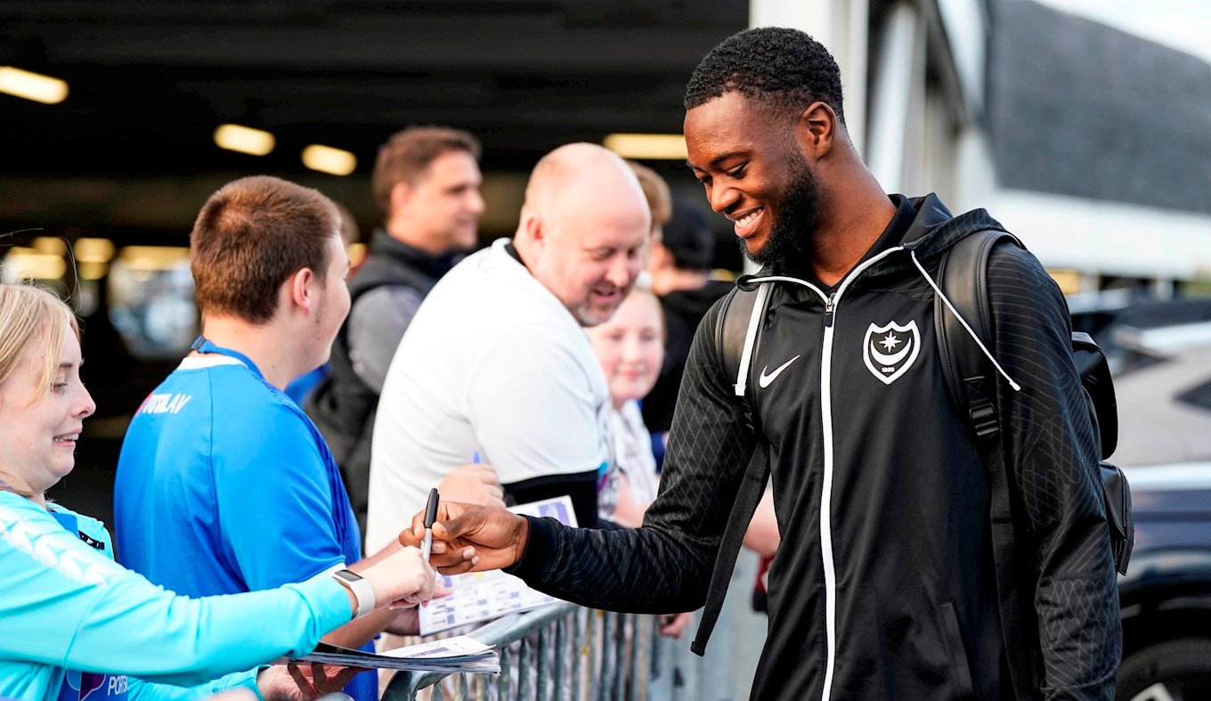 Abu Kamara meets fans before Pompey play Wycombe Wanderers at Fratton Park