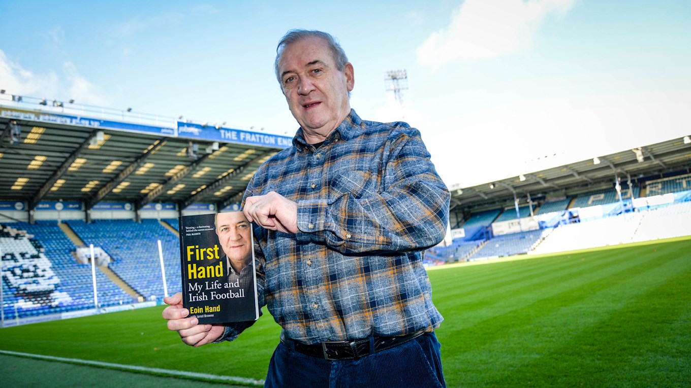 Eoin Hand with his autobiography at Fratton Park