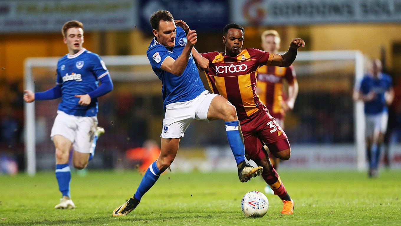 Kal Naismith in action for Pompey at Bradford City