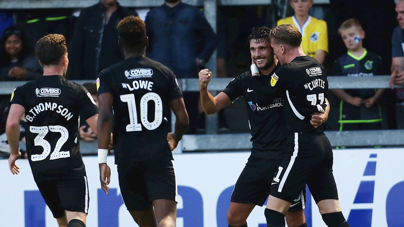 Gareth Evans celebrates scoring for Pompey at Bristol Rovers