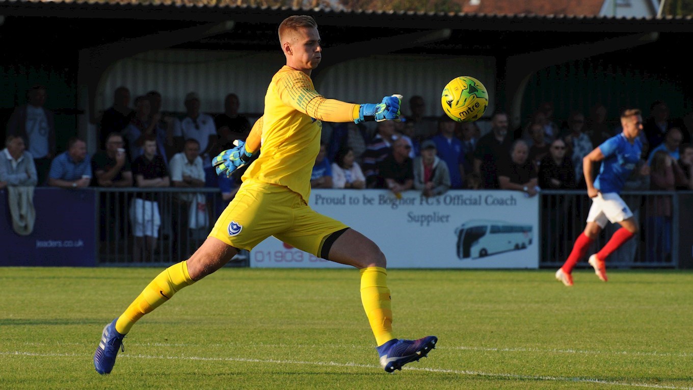 Alex Bass in action for Pompey at Bognor