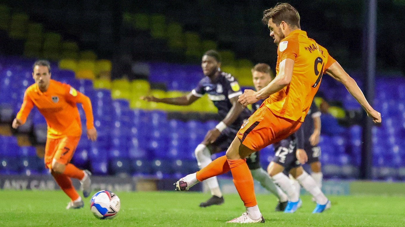 John Marquis scores a penalty for Pompey at Southend