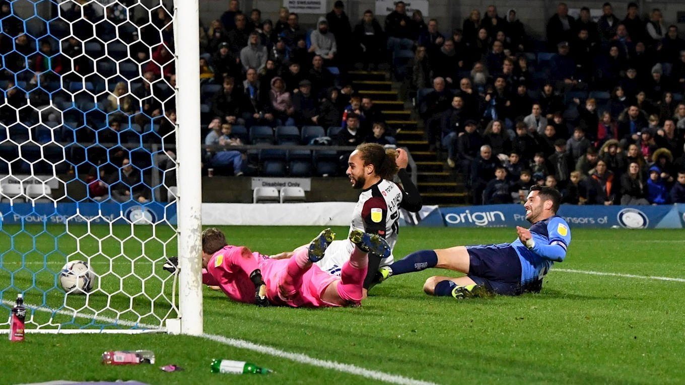 Marcus Harness scores for Pompey at Wycombe Wanderers