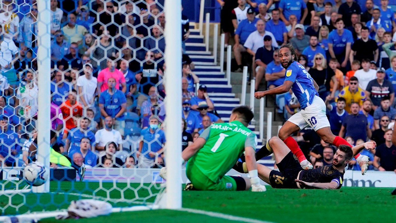 Marcus Harness scores for Pompey against Crewe Alexandra at Fratton Park