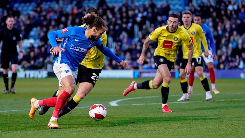 Marcus Harness in action for Pompey against Harrogate Town at Fratton Park in the FA Cup