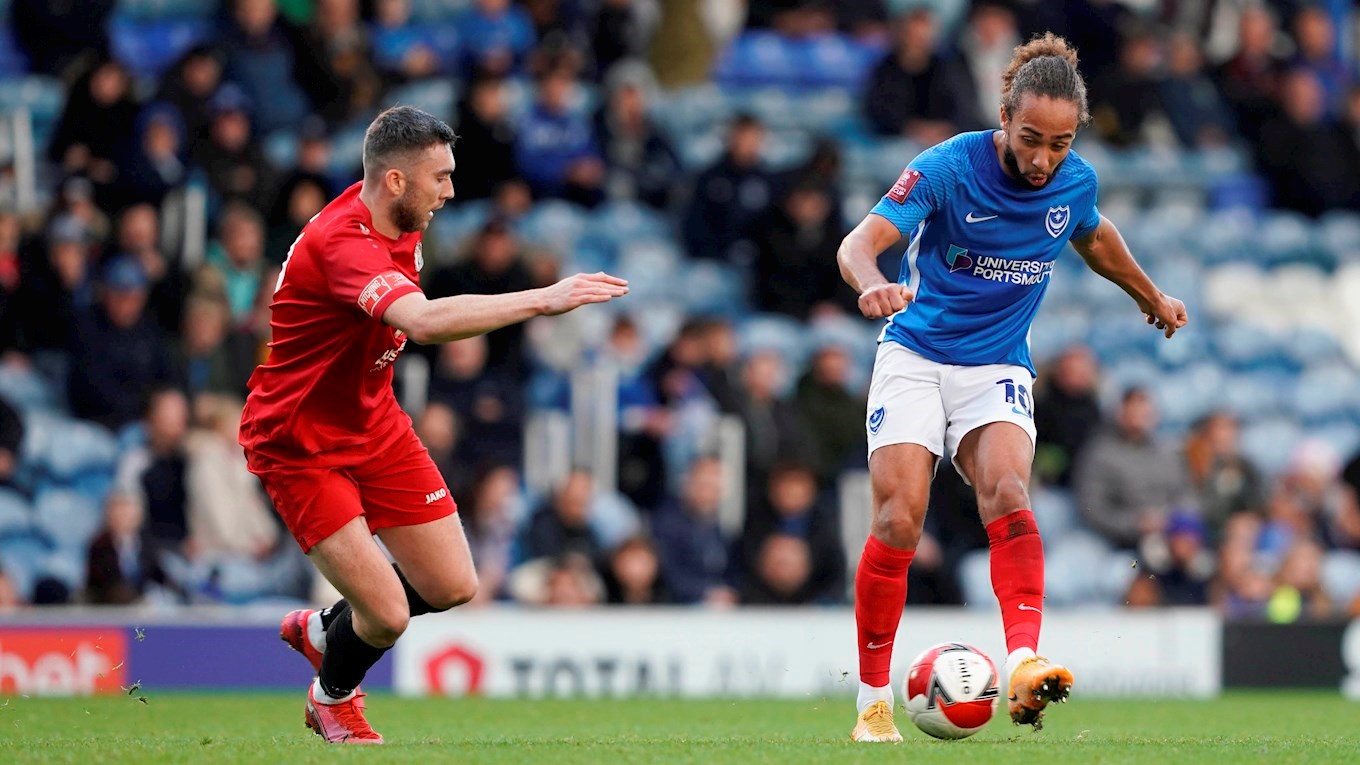 Marcus Harness in FA Cup action for Pompey against Harrow Borough at Fratton Park