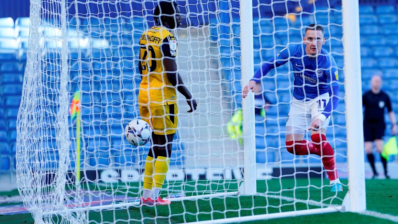 Ronan Curtis scores for Pompey against Lincoln City at Fratton Park