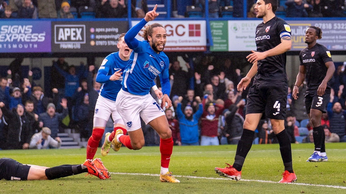 Marcus Harness celebrates scoring for Pompey against Morecambe at Fratton Park