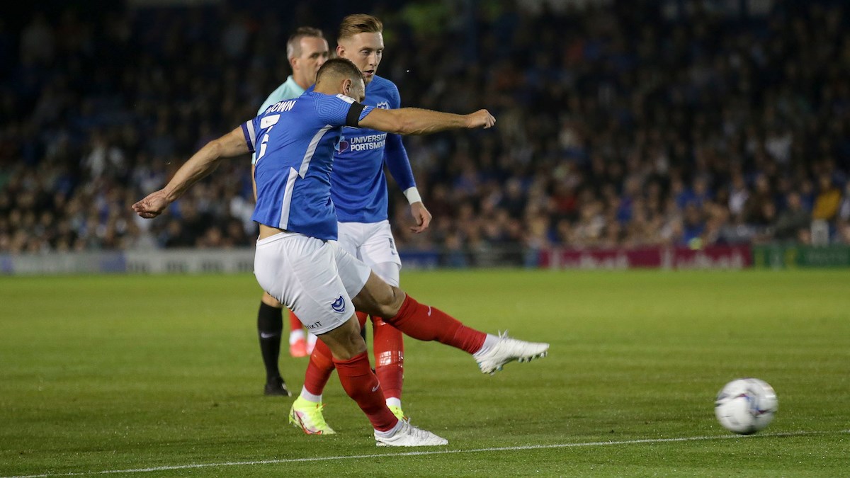 Lee Brown scores for Pompey against Plymouth Argyle at Fratton Park