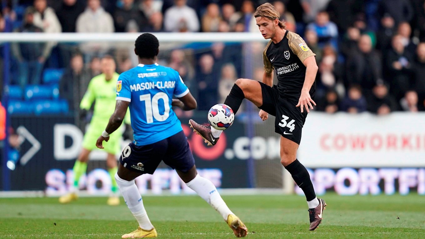Ryley Towler in action for Pompey at Peterborough United