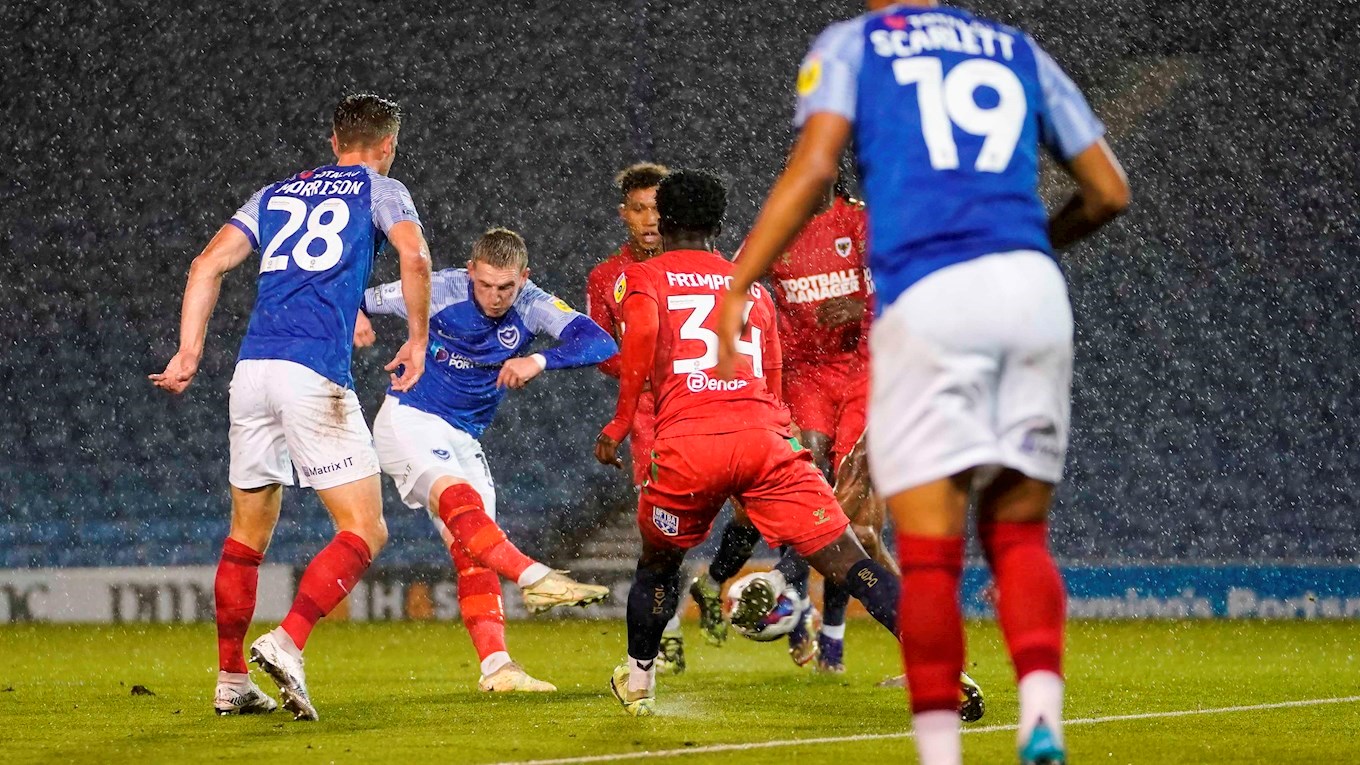 Ronan Curtis scores for Pompey against AFC Wimbledon at Fratton Park in the Papa Johns Trophy