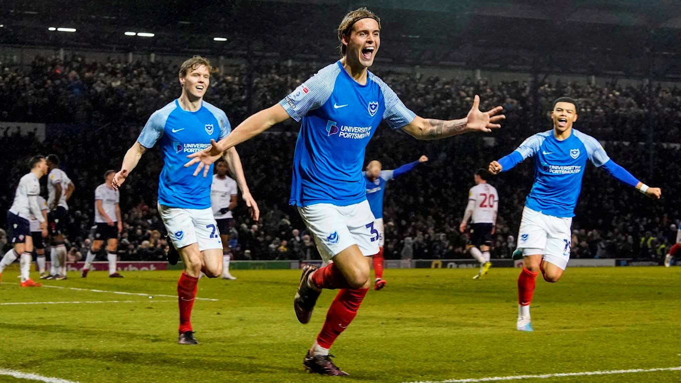 Ryley Towler celebrates scoring for Pompey against Bolton Wanderers at Fratton Park
