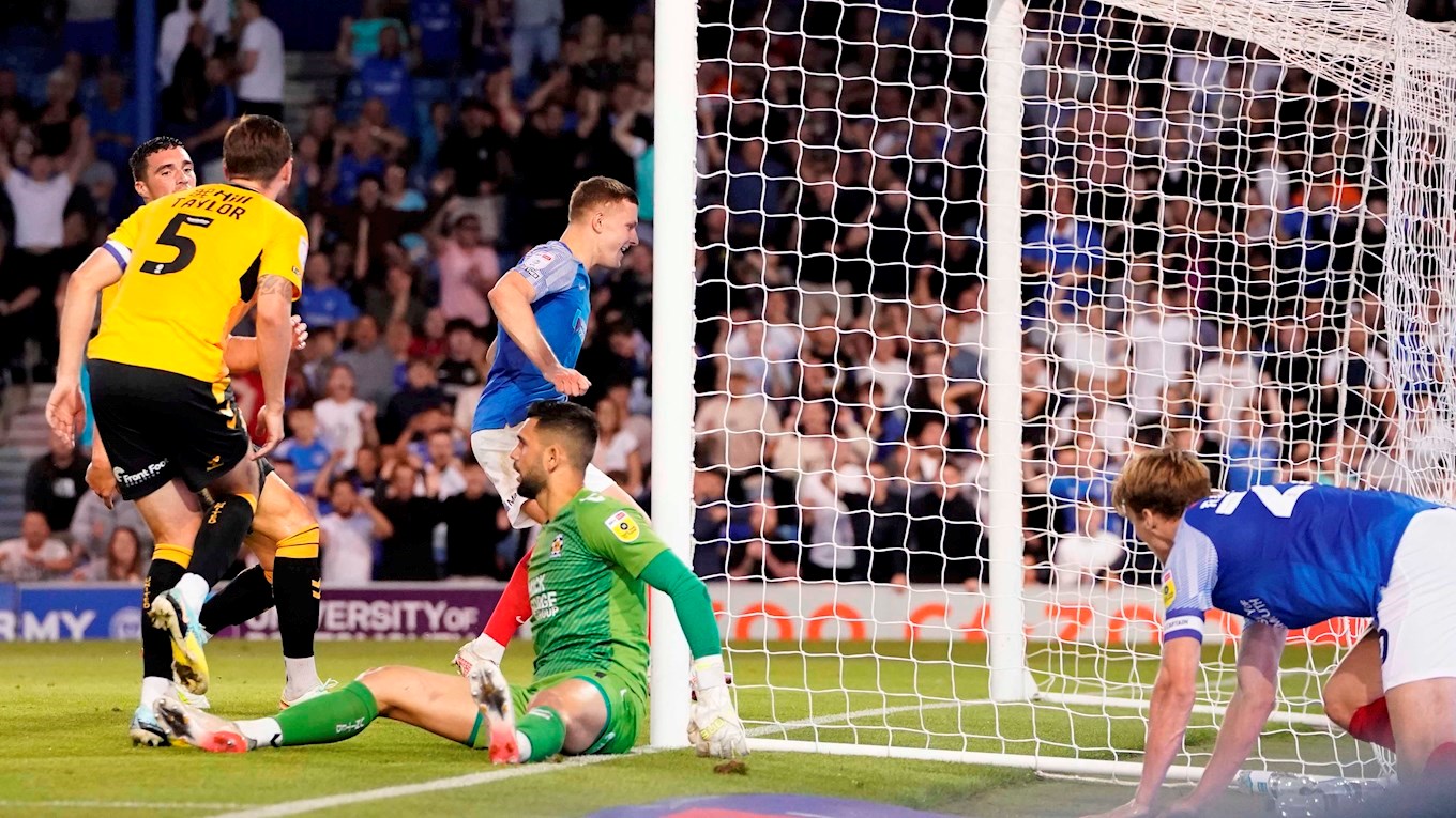 Colby Bishop scores for Pompey against Cambridge United