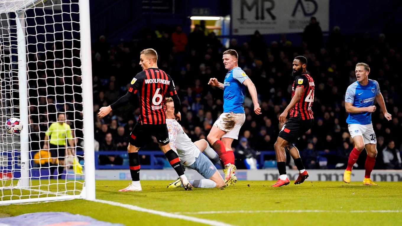 Colby Bishop scores for Pompey against Ipswich Town at Fratton Park