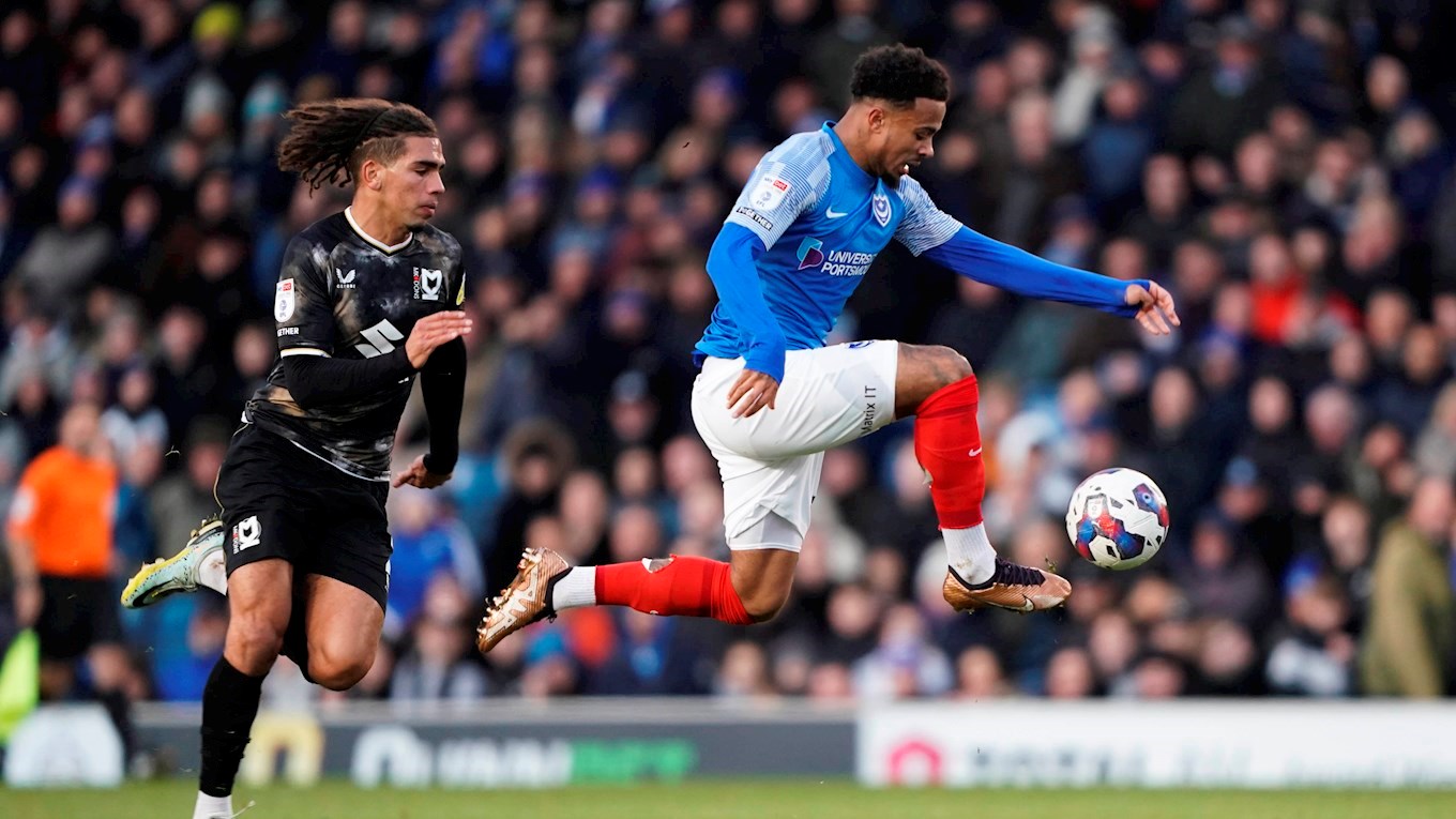 Josh Koroma in action for Pompey against MK Dons at Fratton Park