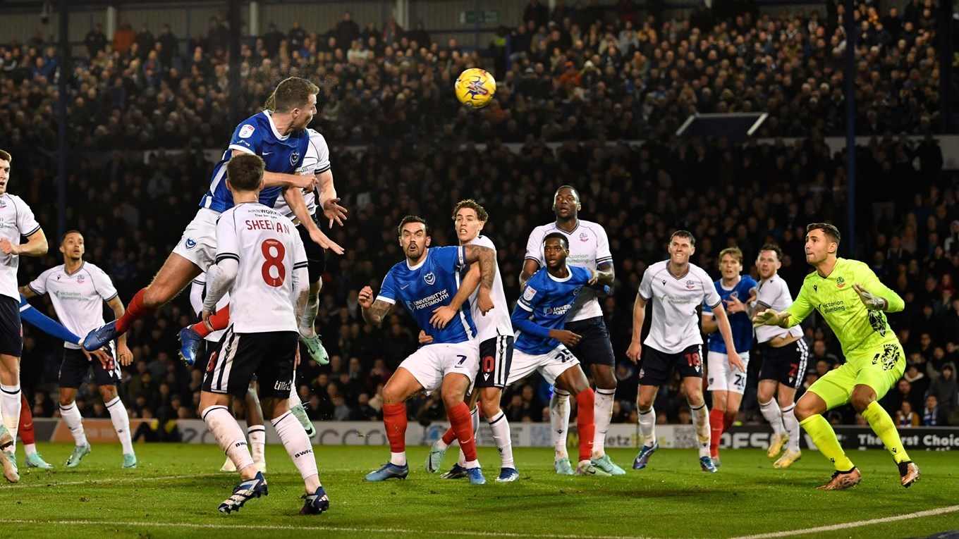 Conor Shaughnessy scores for Pompey against Bolton Wanderers at Fratton Park