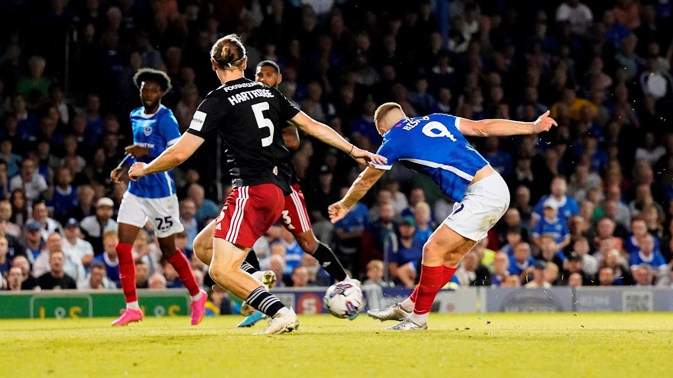 Colby Bishop scores for Pompey against Exeter City at Fratton Park