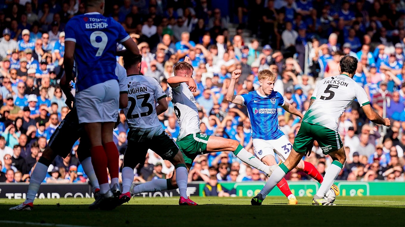 Paddy Lane scores for Pompey against Lincoln City at Fratton Park