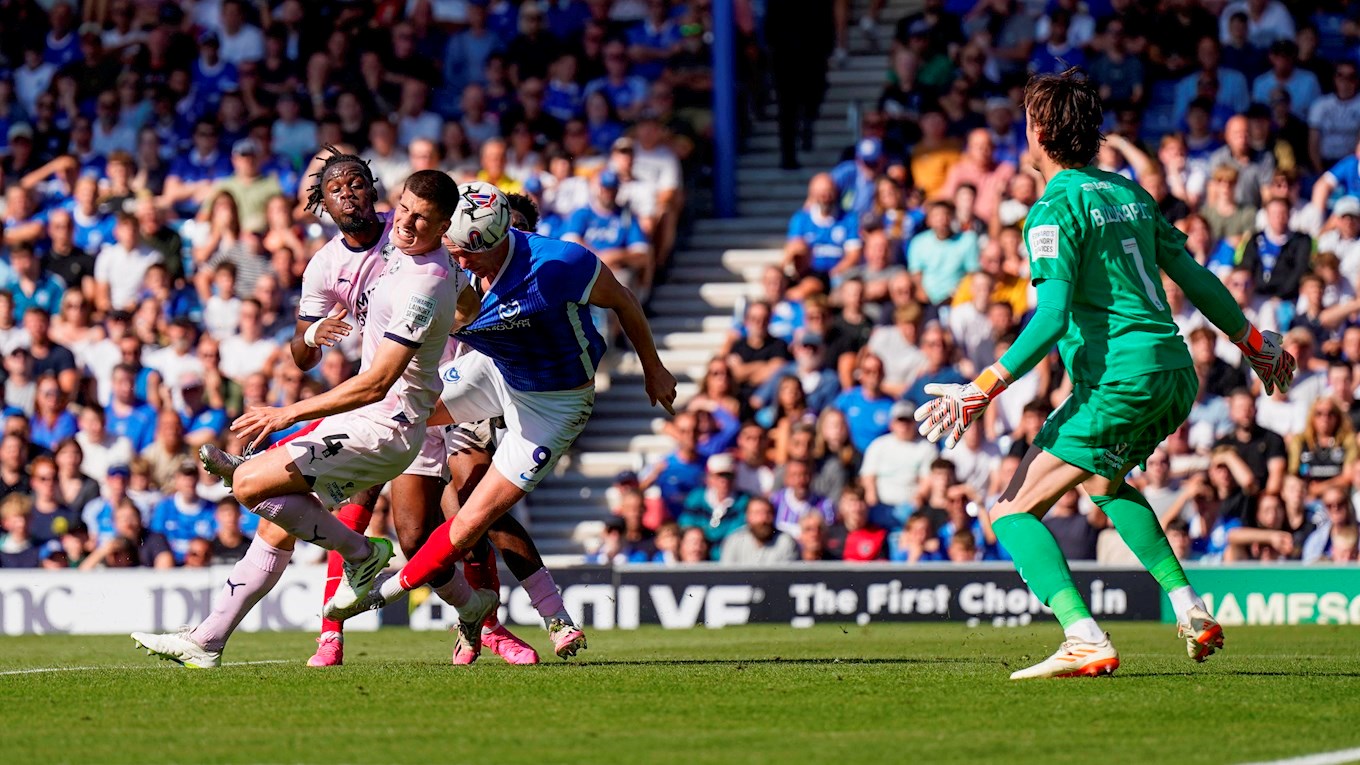 Colby Bishop scores for Pompey against Peterborough United at Fratton Park