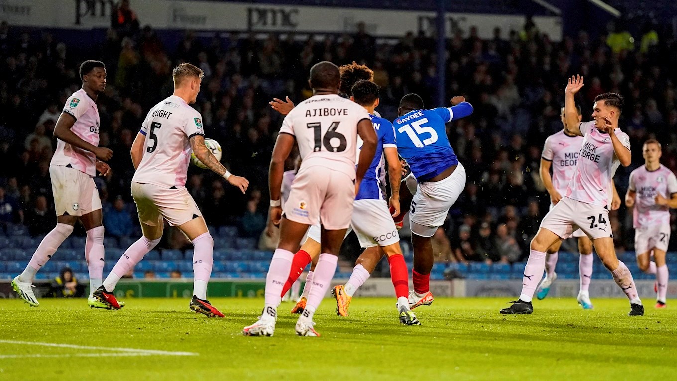 Christian Saydee scores for Pompey against Peterborough United at Fratton Park in Carabao Cup