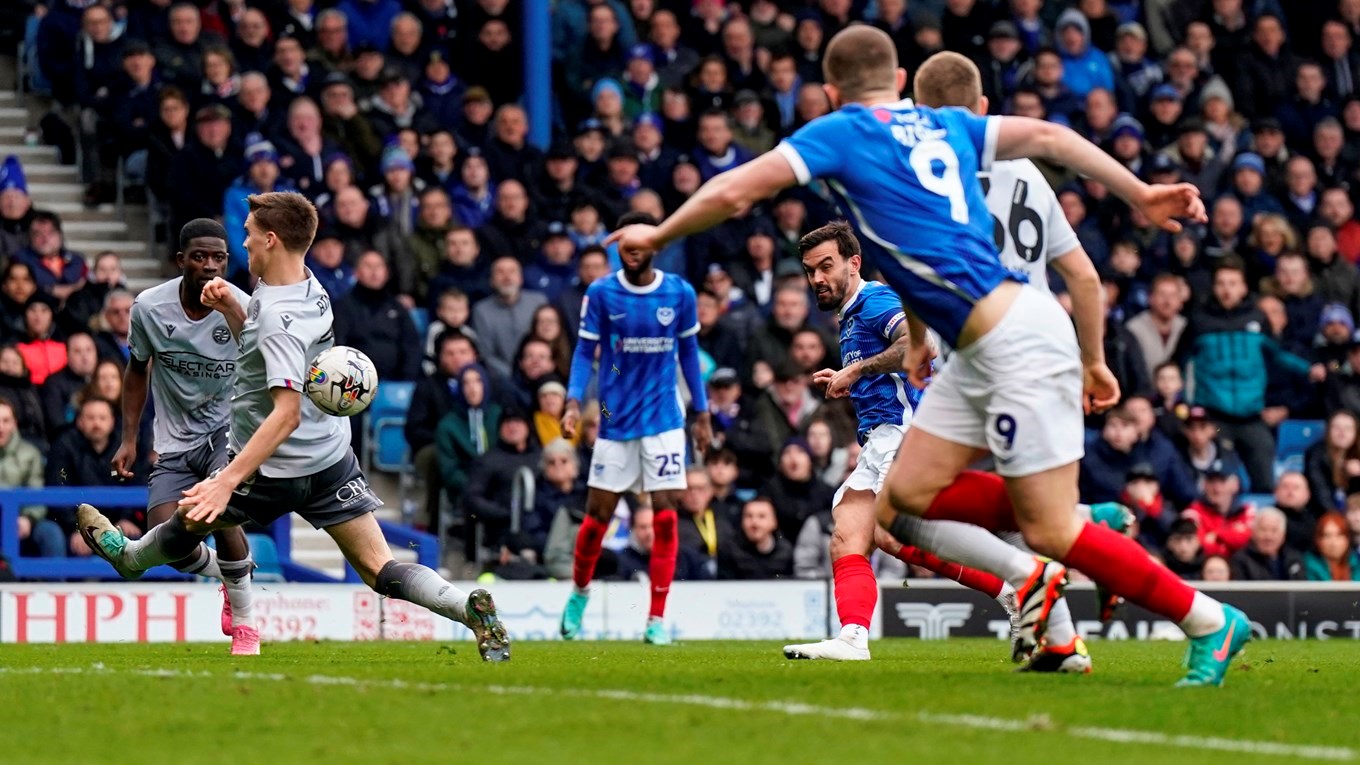 Marlon Pack scores for Pompey against Reading at Fratton Park