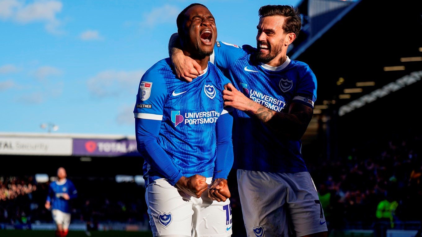 Christian Saydee celebrates scoring for Pompey against Oxford United at Fratton Park
