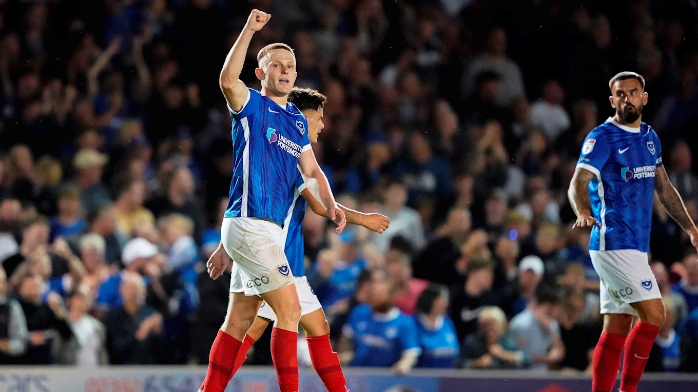 Colby Bishop celebrates scoring for Pompey against Exeter City at Fratton Park