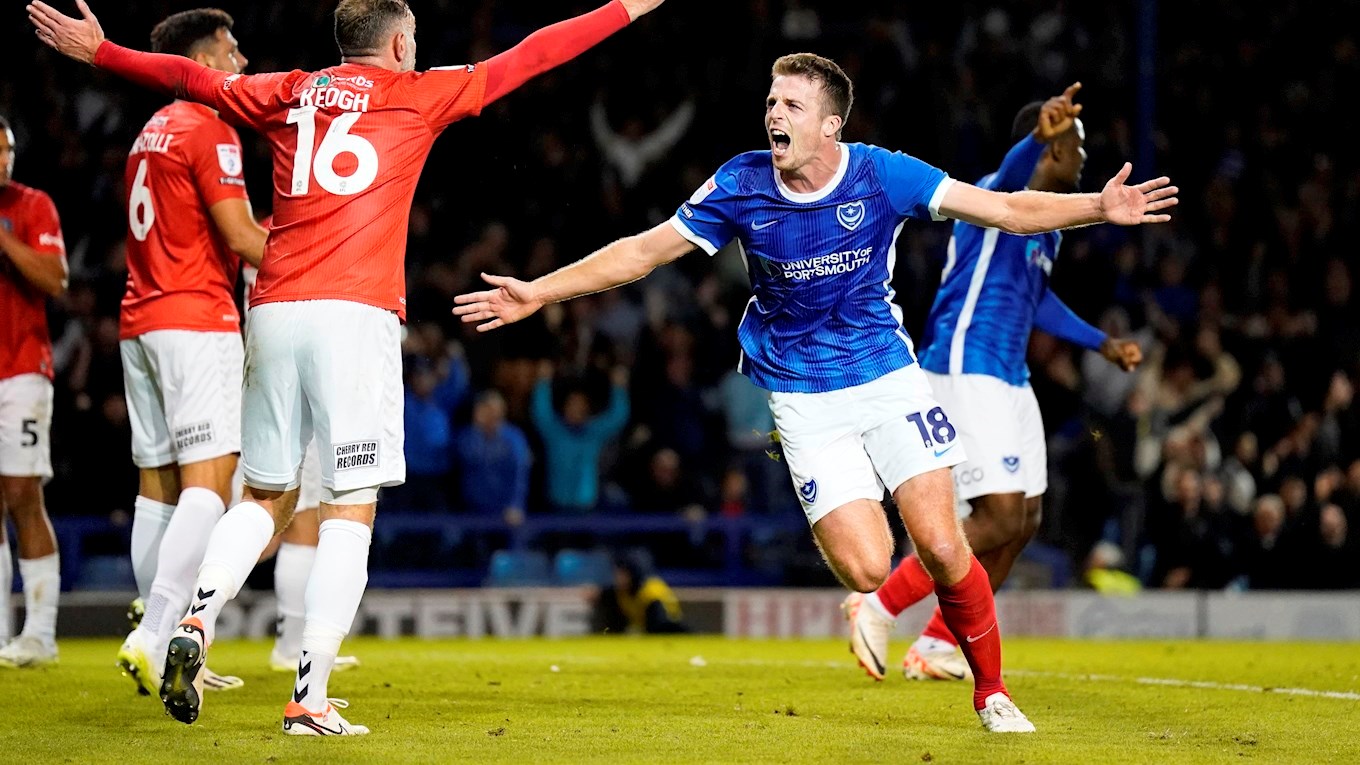 Conor Shaughnessy celebrates scoring for Pompey against Wycombe Wanderers at Fratton Park