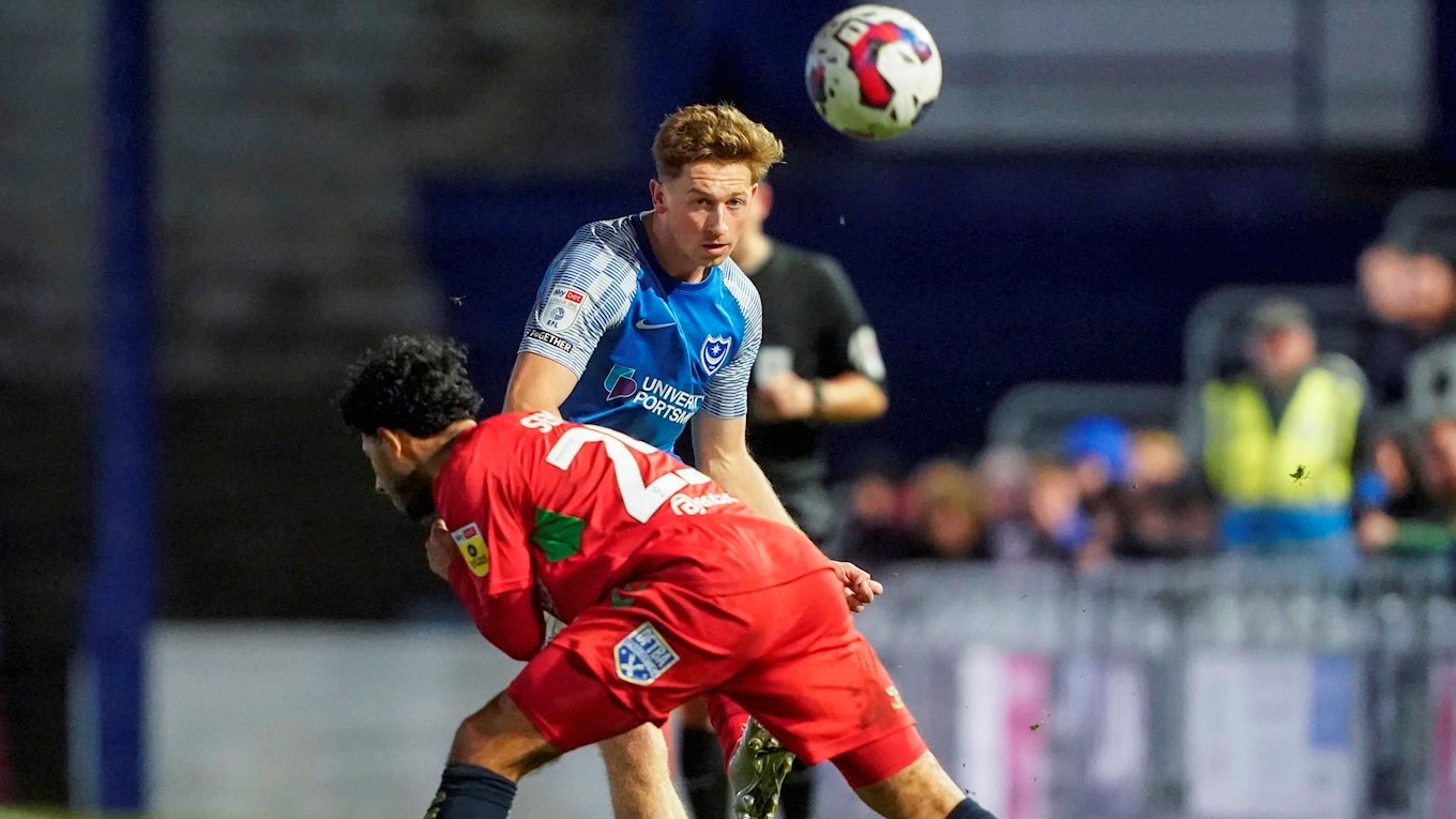 Denver Hume in Papa Johns Trophy action for Pompey against AFC Wimbledon at Fratton Park