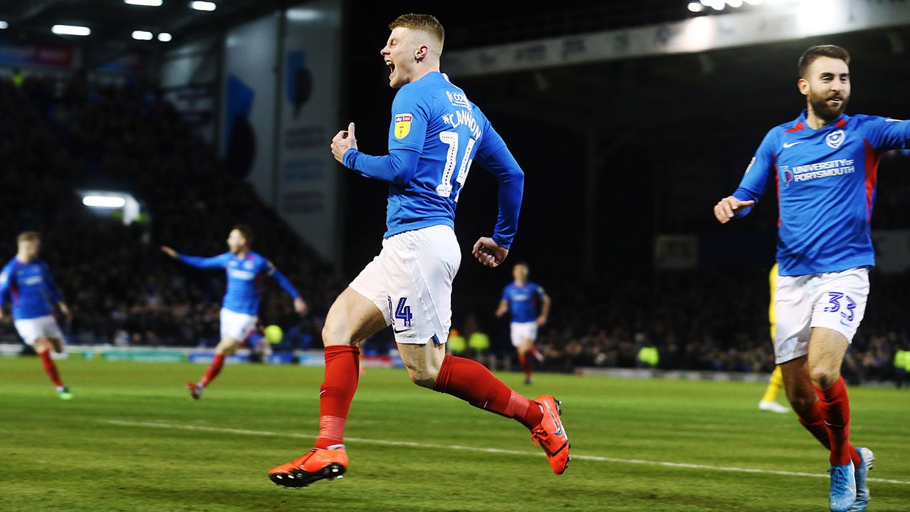 Andy Cannon celebrates scoring for Pompey against MK Dons