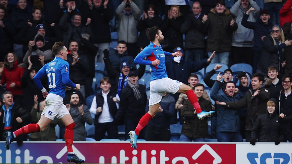 Ben Close celebrates scoring for Pompey against Barnsley in the Emirates FA Cup