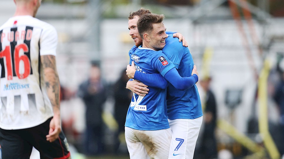Ben Thompson celebrates after scoring for Pompey at Maidenhead