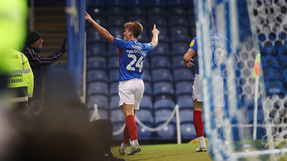 Cameron McGeehan celebrates scoring for Pompey against Scunthorpe