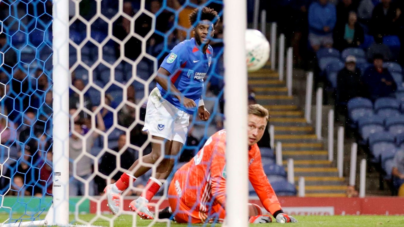 Ellis Harrison scores for Pompey against Birmingham in the Carabao Cup