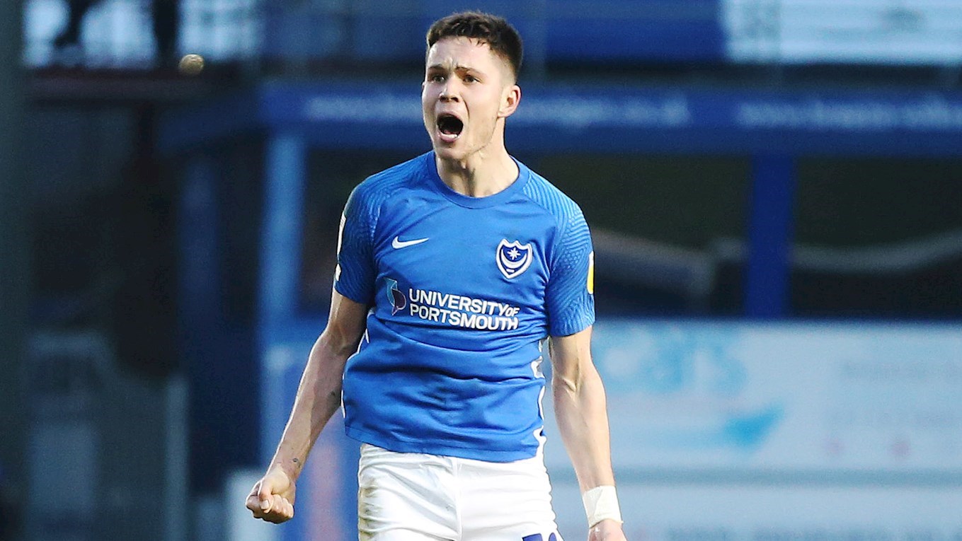 George Hirst celebrates scoring for Pompey against MK Dons at Fratton Park