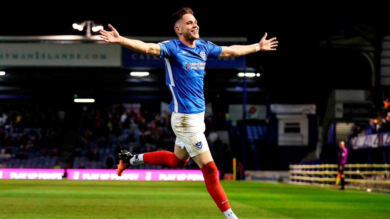 George Hirst celebrates scoring for Pompey against Rotherham United at Fratton Park