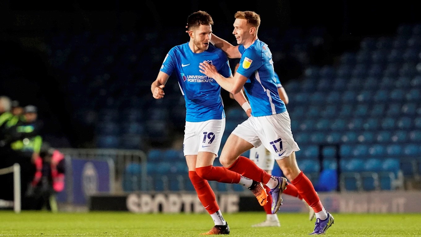George Hirst celebrates scoring for Pompey against Wigan Athletic at Fratton Park
