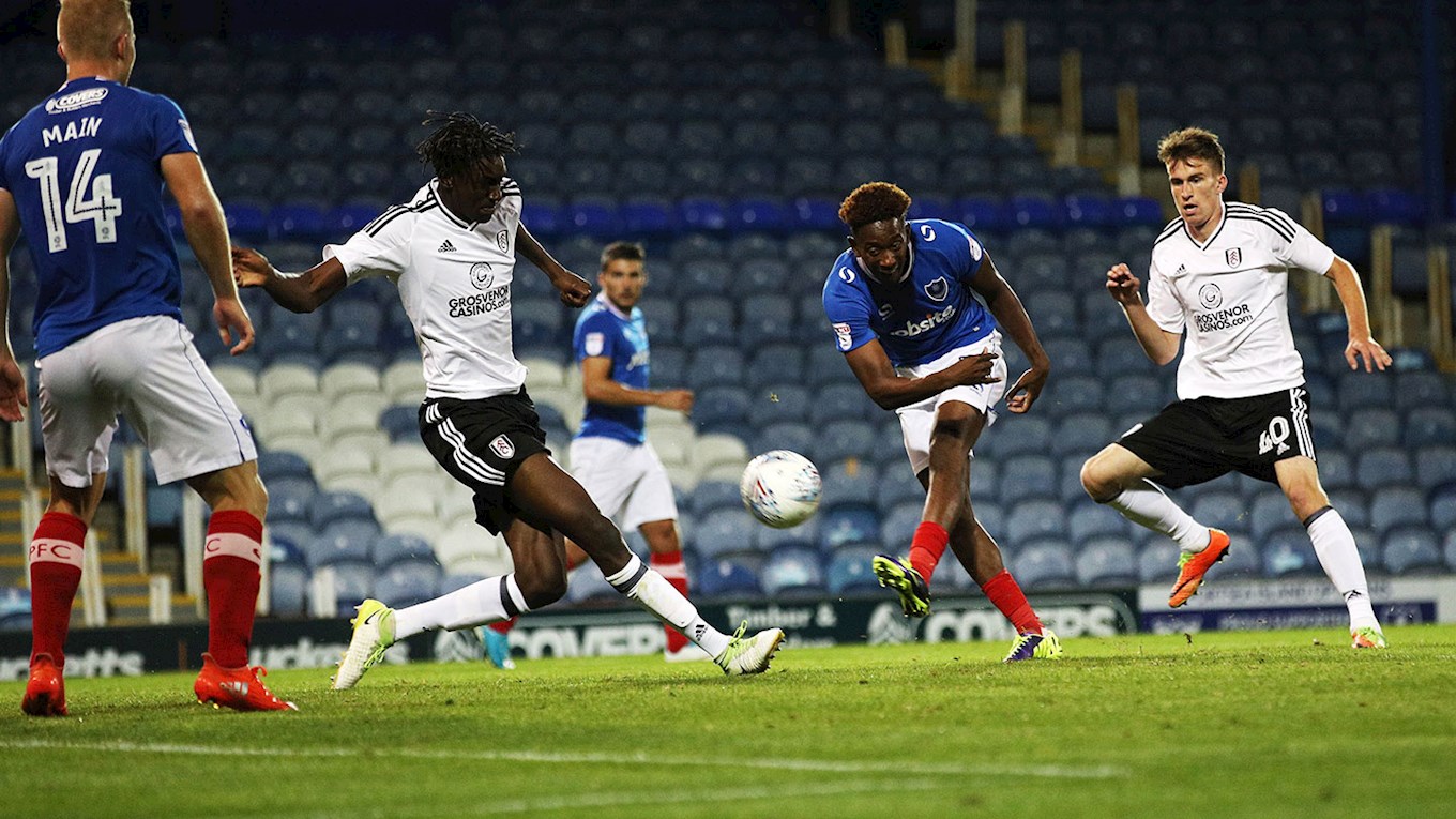 Jamal Lowe scores for Pompey against Fulham
