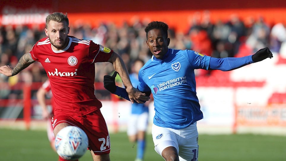 Jamal Lowe in action for Pompey at Accrington Stanley