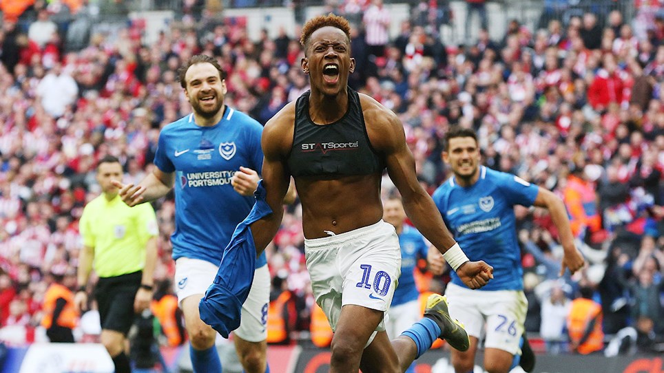 Jamal Lowe celebrates scoring for Pompey at Wembley in the Checkatrade Trophy