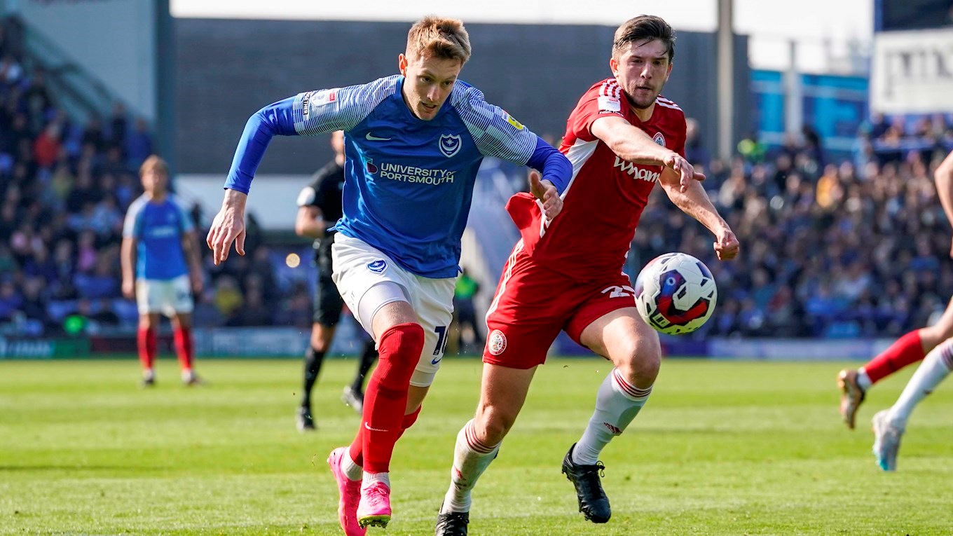 Joe Pigott in action for Pompey against Accrington Stanley at Fratton Park