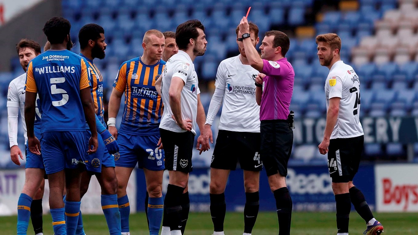 John Marquis gets sent off for Pompey against Shrewsbury