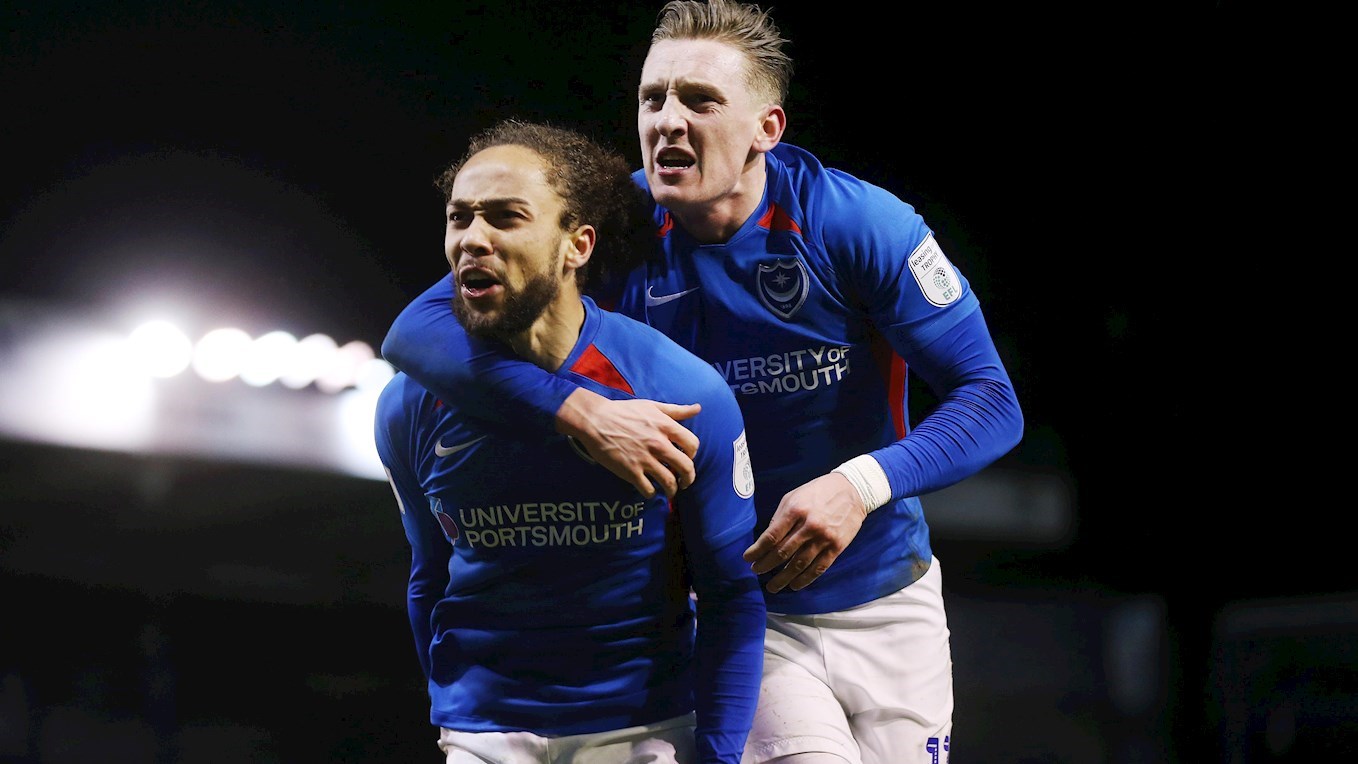 Marcus Harness celebrates scoring for Pompey against Exeter