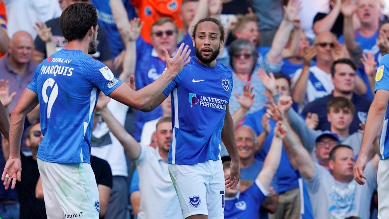 Marcus Harness celebrates scoring for Pompey against Crewe Alexandra at Fratton Park