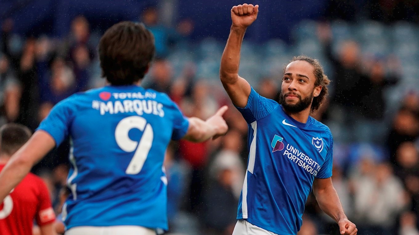 Marcus Harness celebrates scoring for Pompey against Harrow Borough at Fratton Park in the Emirates FA Cup
